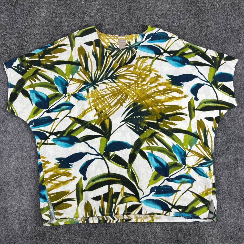 Chicos Tropical Palm Leaf Linen V-Neck Top Green Teal Size 3 US 16/18